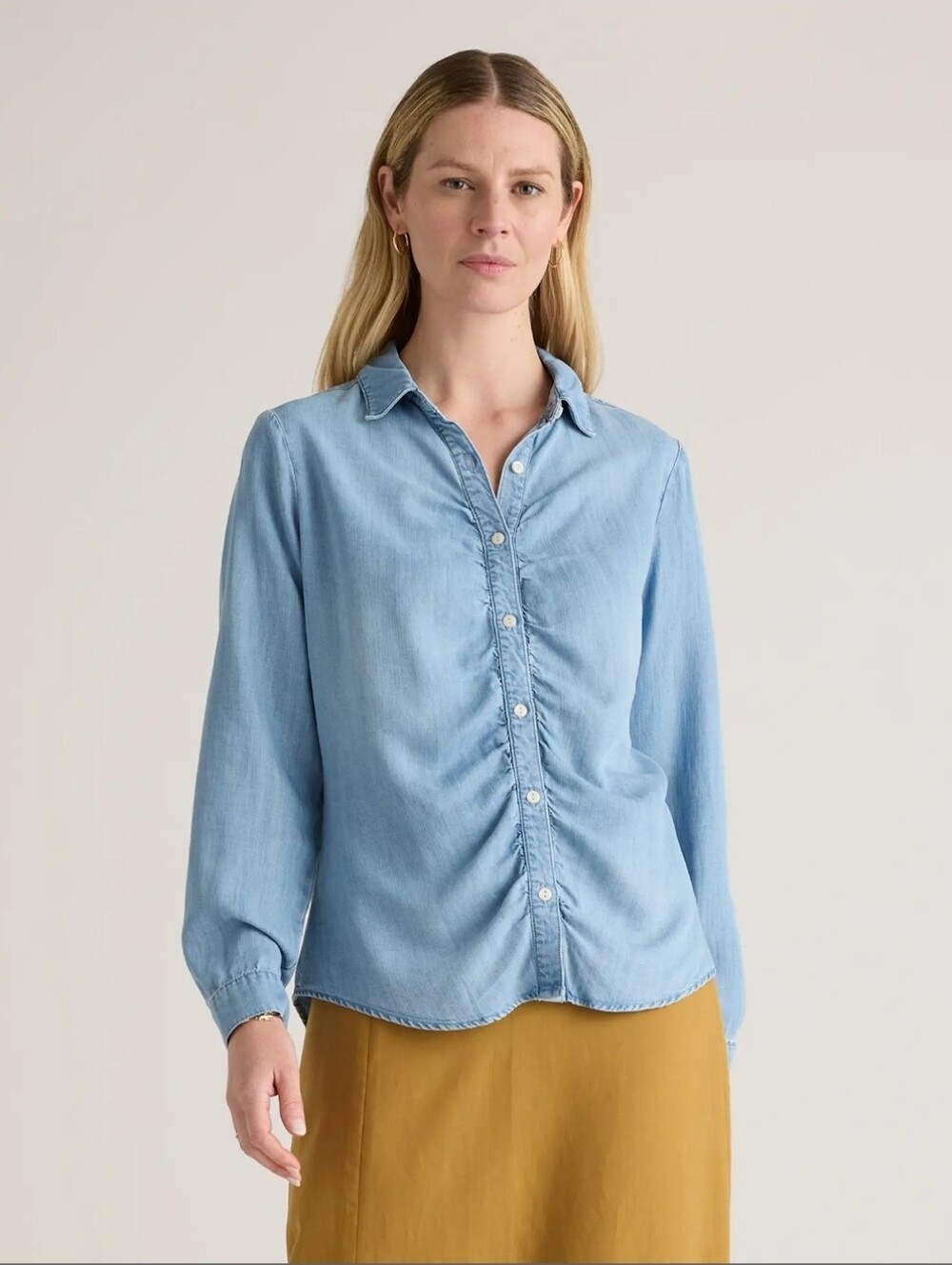 Quince Chambray Tencel Shirred Long Sleeve Shirt Light Indigo Size XS NWT